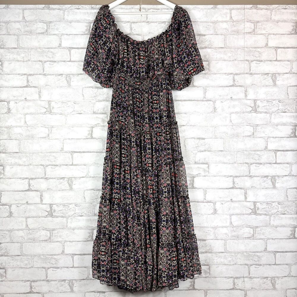 MISA Los Angeles Cassandra Off Shoulder Chiffon Dark Floral Maxi Dress SMALL